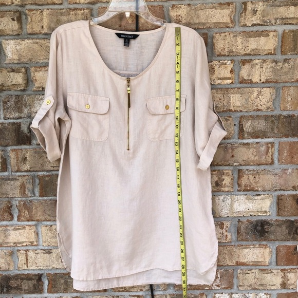 Ellen Tracy 100% Linen 1/4 Zipper Cuffed Short Sleeve Light Tan Tunic Top L - Picture 13 of 15